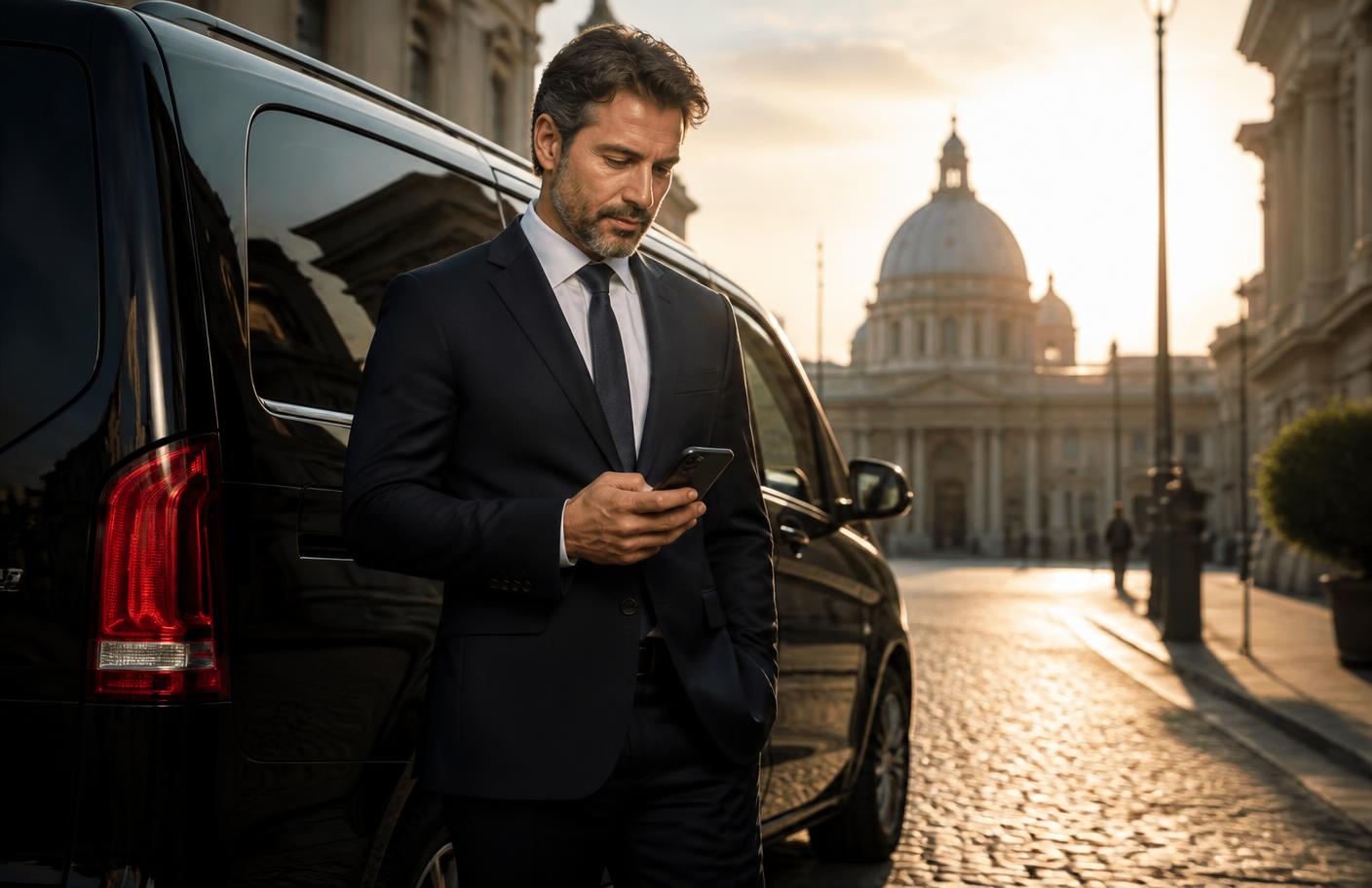Driver NCC professionista accanto alla propria auto executive